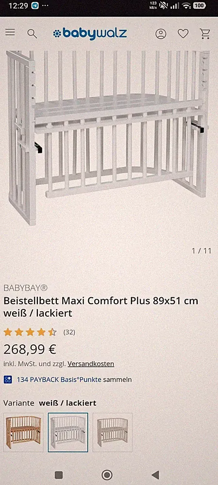 BABYBAY Maxi Comfort Plus Beistellbett 89x51 cm Weiß lackiert Holz