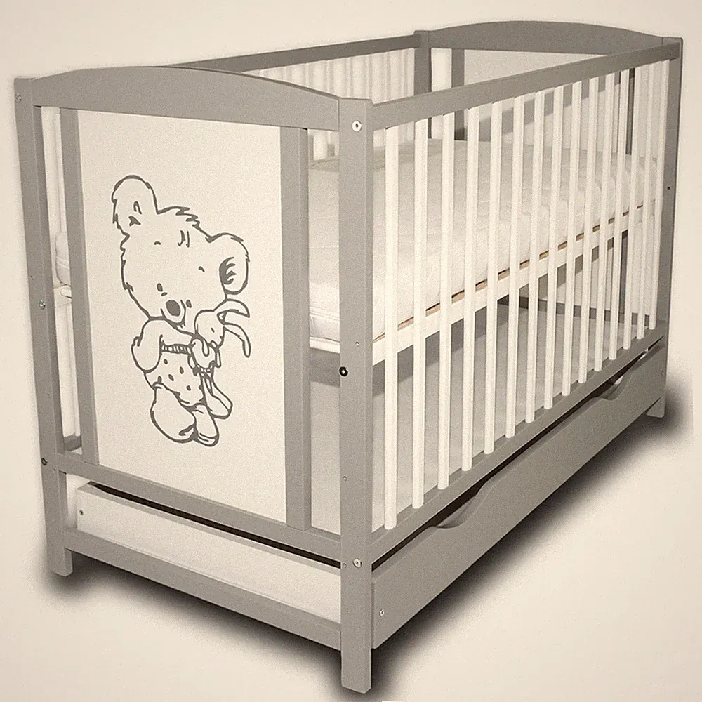 Babybett Gitterbett 120x60cm Grau Teddybär mit Hase Schublade / höhenverstellbar