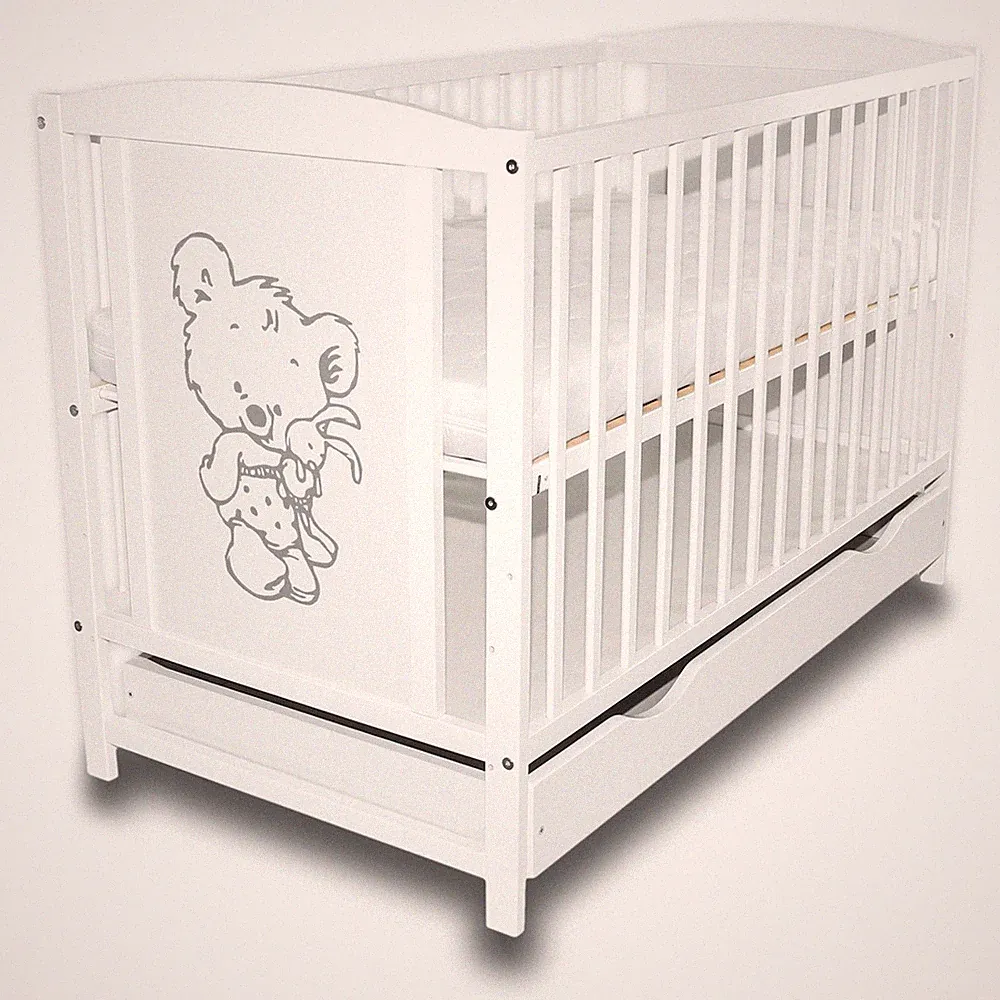 Babybett Gitterbett 120x60cm Weiß Teddybär mit Hase Schublade / höhenverstellbar