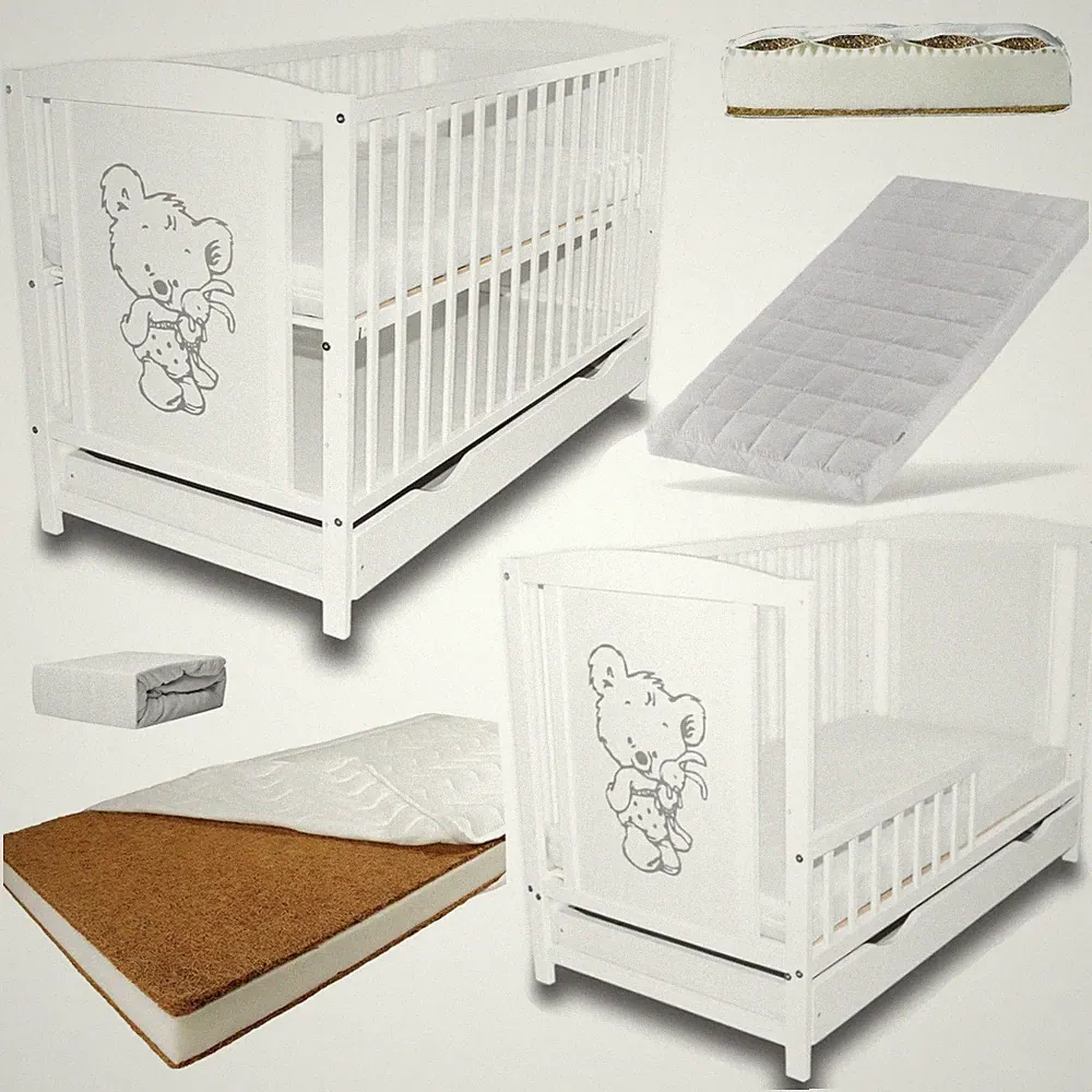 Babybett Gitterbett 2in1 Kinderbett Weiß Schublade Bettlaken + Matratze Optional
