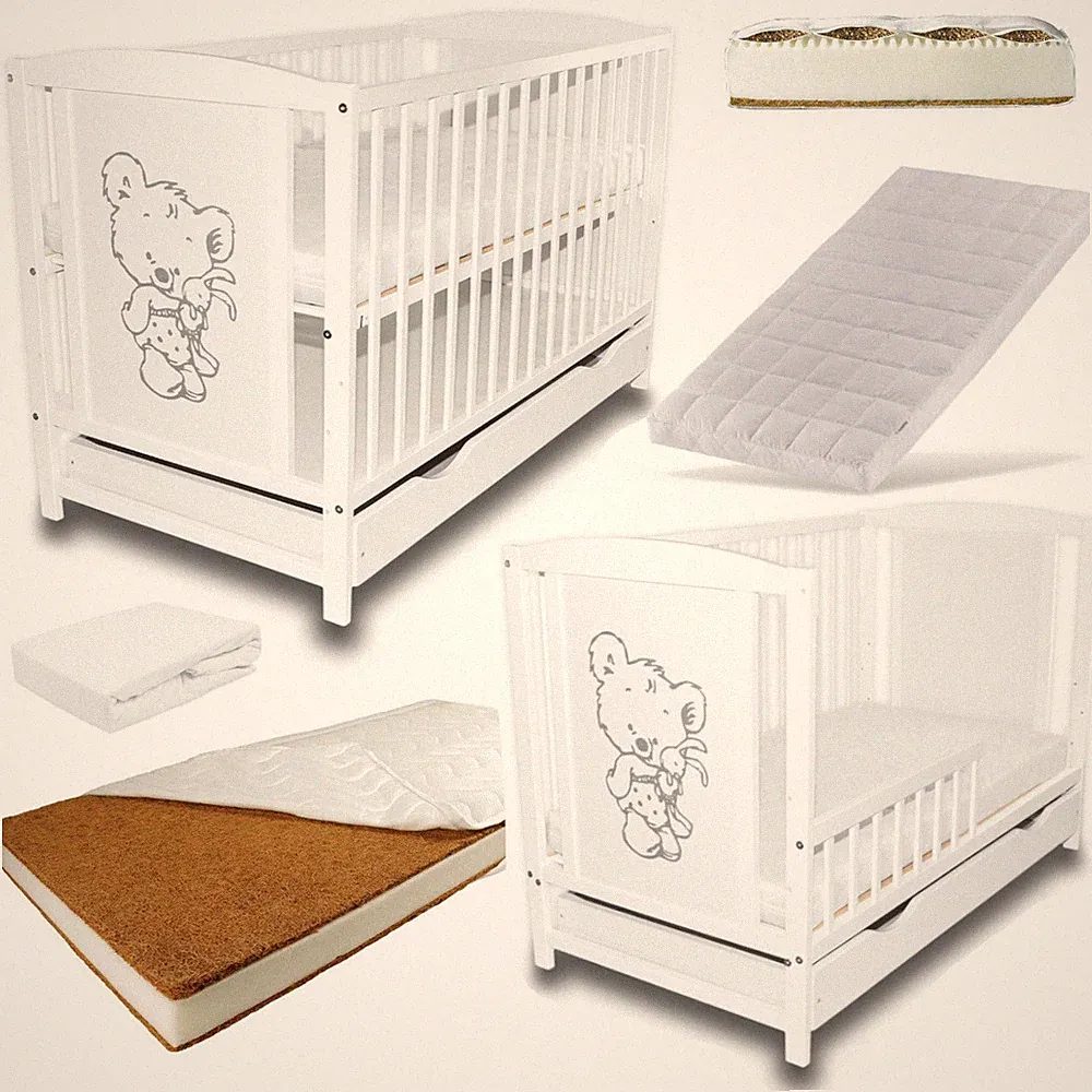 Babybett Gitterbett 2in1 Teddybär mit Hase Weiß + Schublade Bettlaken Matratze