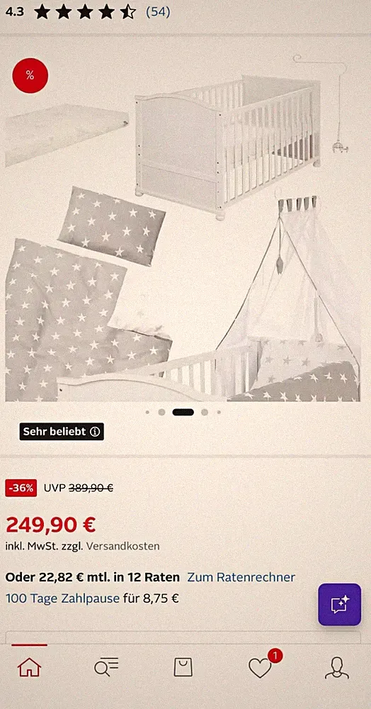 Babybett/Gitterbett Holz Weiß mit Betthimmel & Bettwäsche-Set Sterne Grau/Weiß