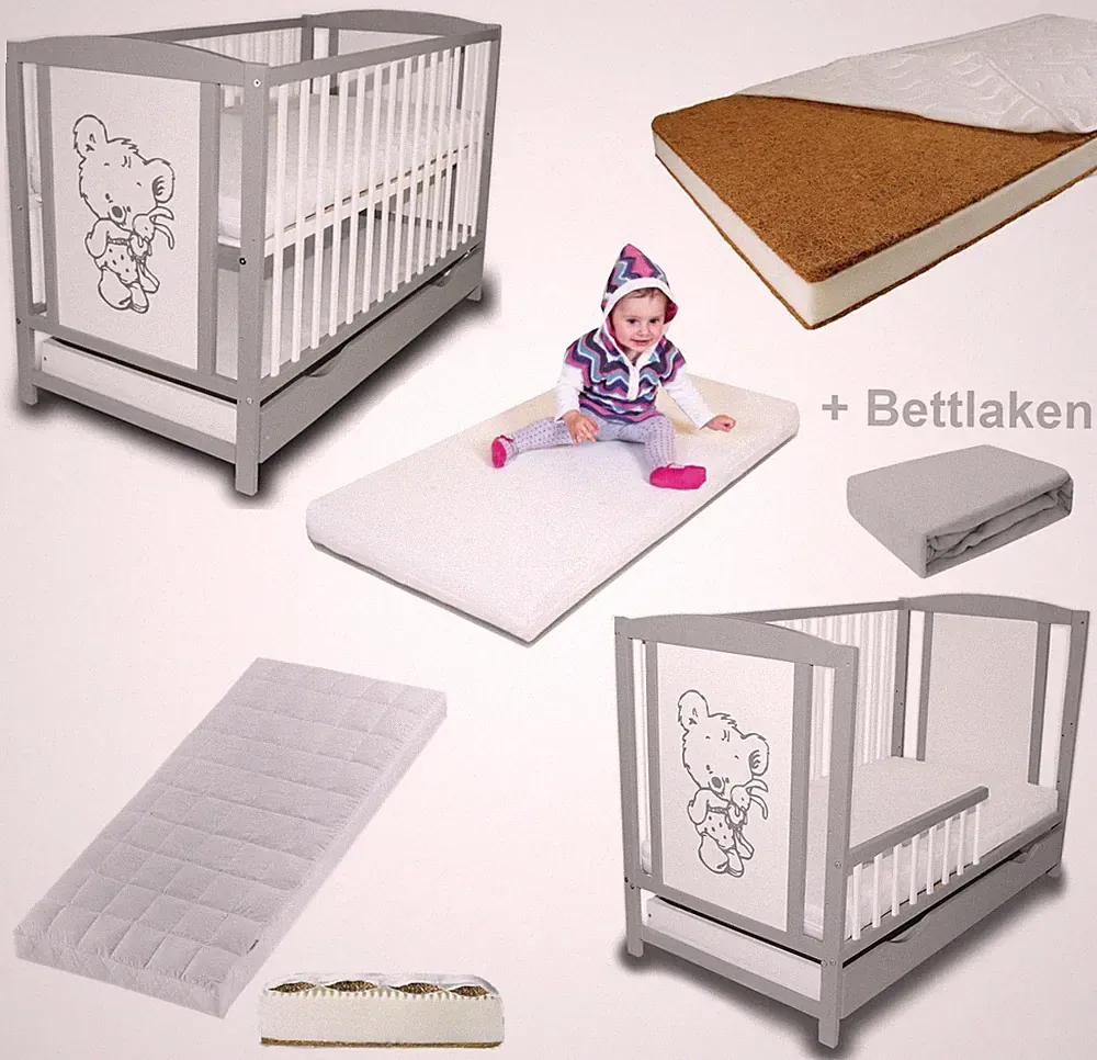 Babybett Gitterbett Kinderbett Grau mit Schublade + Bettlaken + Matratze