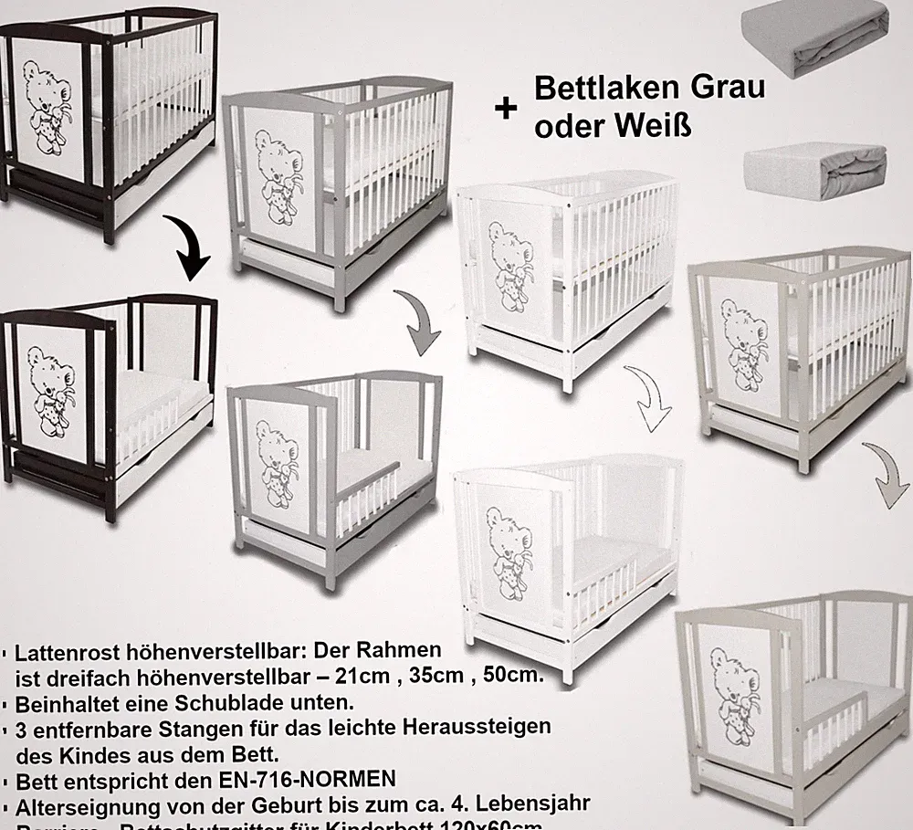 Babybett Gitterbett Teddybär 4 FARBEN SCHUBLADE BARRIERE Bettlaken ohne Matratze