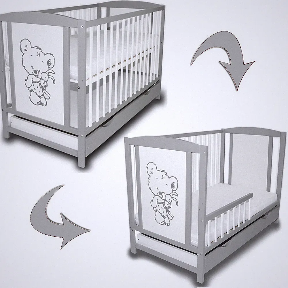 Babybett Gitterbett Teddybär Grau mit Hase + Schublade Barriere - ohne Matratze