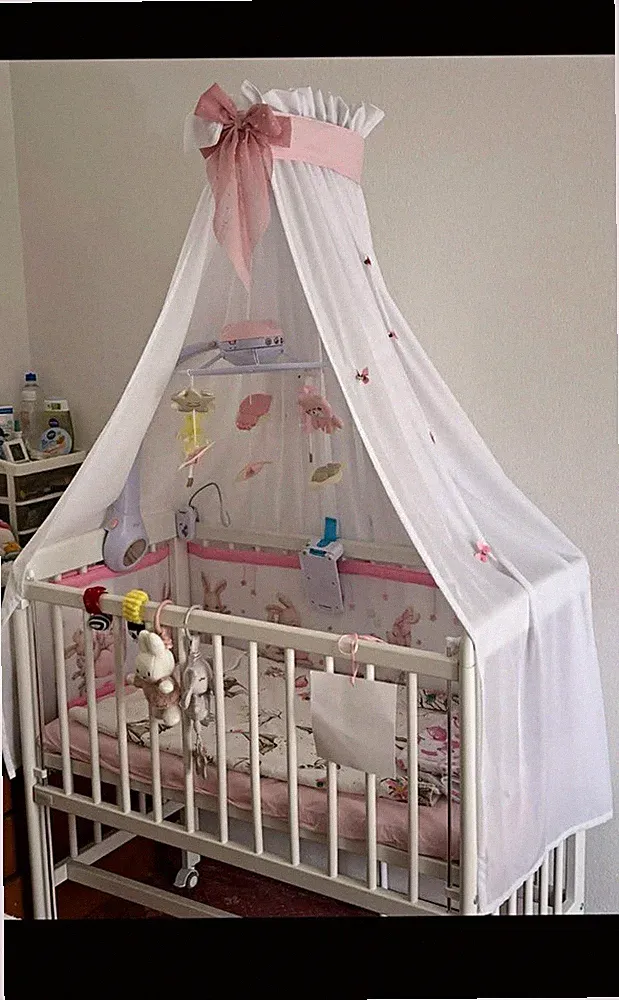 Babybett Kindergitterbett Weiß/Rosa mit Himmel inkl. Bettwäsche Polsterung