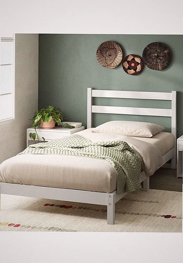 Bamboo Platform Bed Frame with Headboard - White