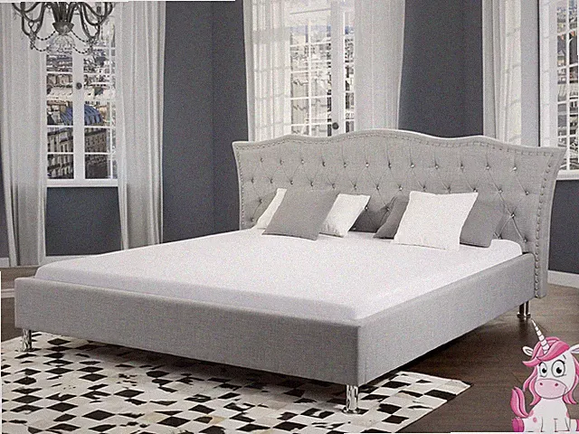 Barock Bett Unicorn Stoffbett grau mit Strasssteinen Lattenrost Bettkasten Stoff