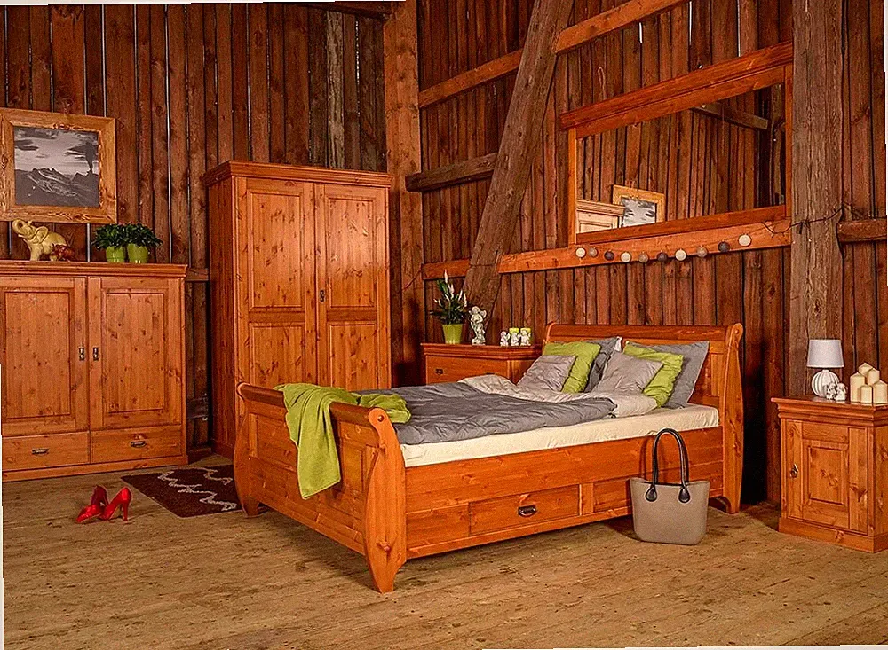 Bauern Schlafzimmer Bett Holz 180x200 Betten Braun Doppelbett Möbel Polster Neu