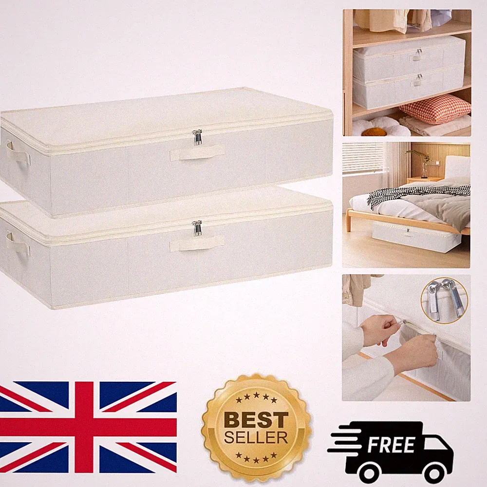 Beige Unterbett Aufbewahrungsboxen (2er Pack) mit Deckel - Platzsparende Organizer
