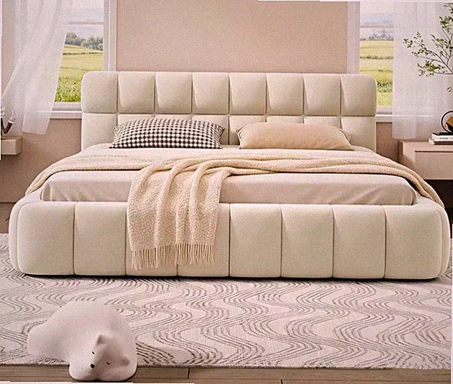 Beiger Leinen Bodenbett Bettrahmen 140x190 cm mit Kopfteil Lattenrost