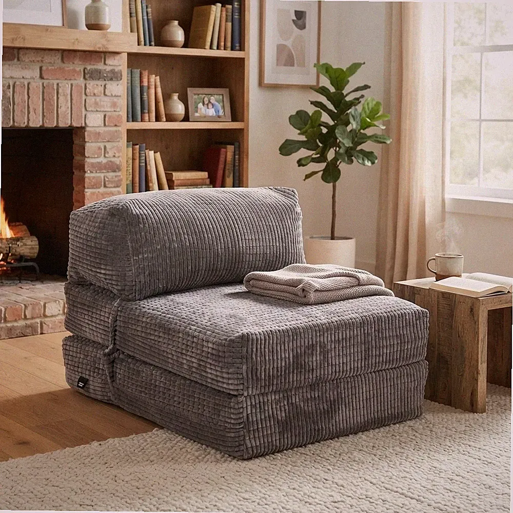 Bequemes graues Cord-Sesselbett - ausklappbares Futon zum Entspannen & Schlafen