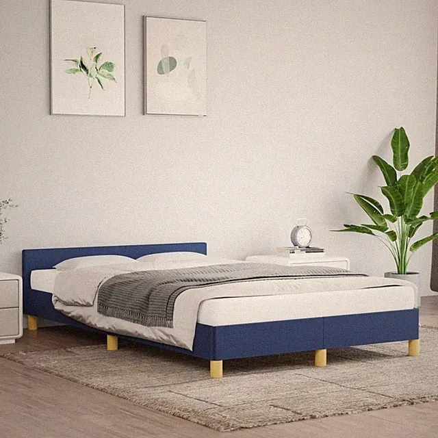 Bett 120x190cm Bettrahmen Doppelbett blauer Stoff mit Kopfteil Massivholz