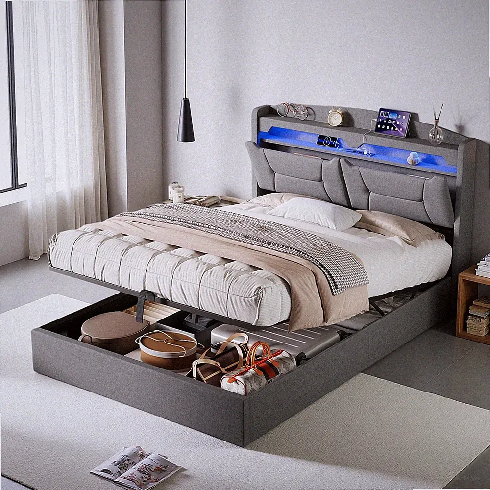Bett 140 x 200 cm, Polsterbett, Doppelbettgestell, LED, Bettgestell, Metallbett