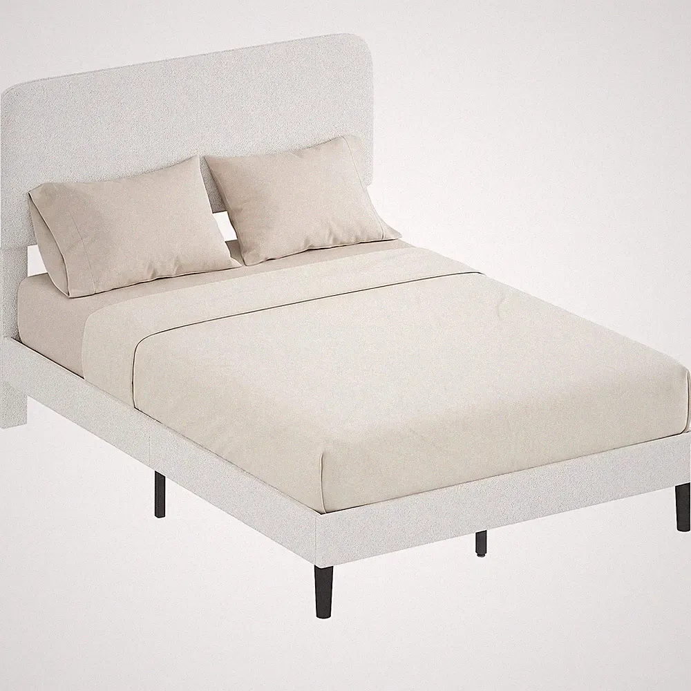 Bett 140x200 cm Bettgestell mit gepolstertem Teddy-Fleece-Kopfteil, Weiß
