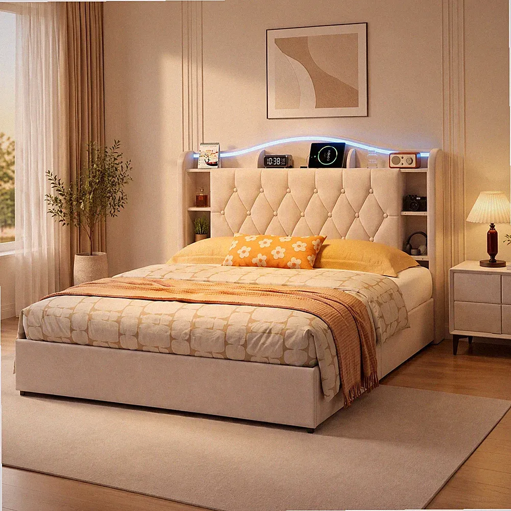 Bett 140x200 cm mit LED USB,Boxspringbett Polsterbett mit Lattenrost Stauraum