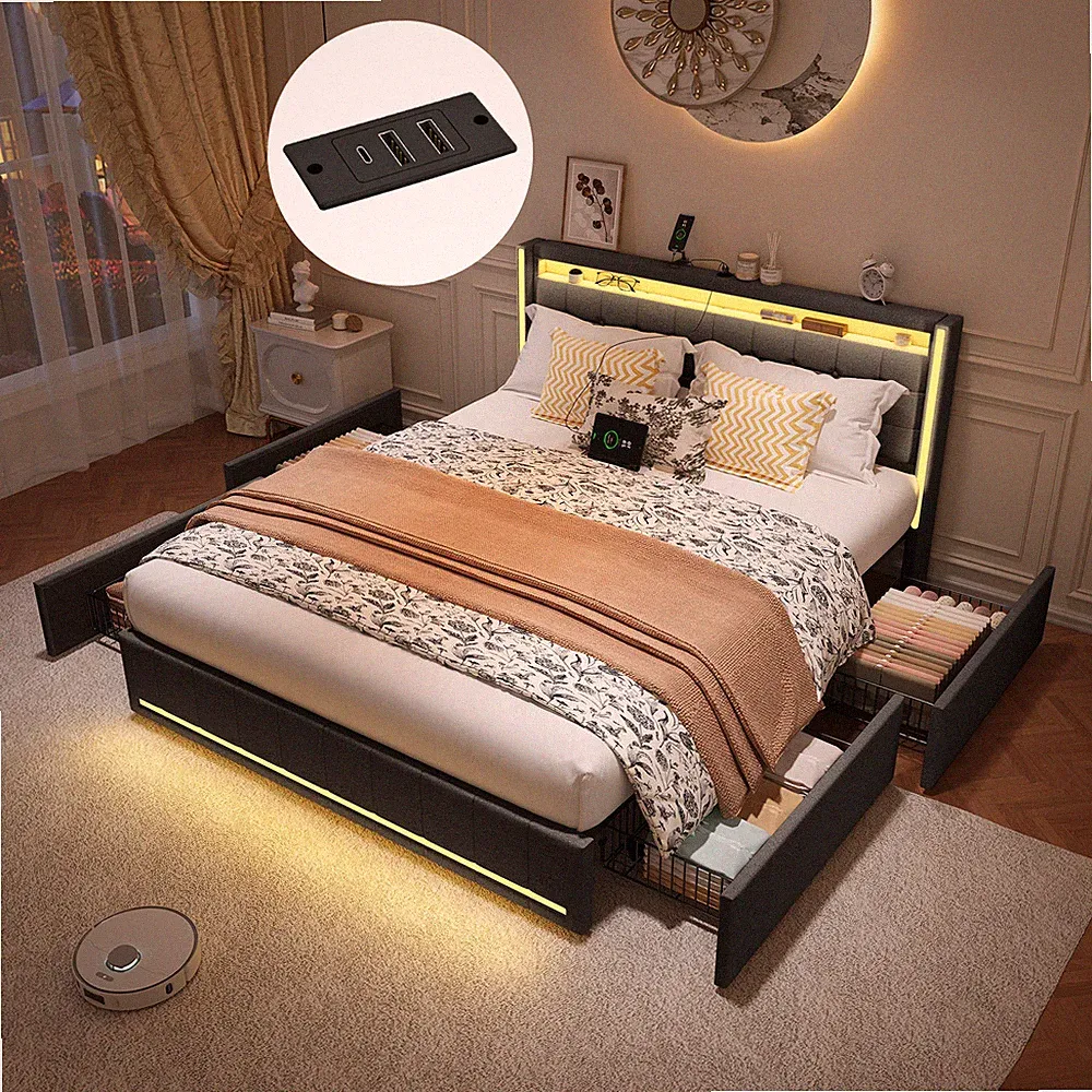 Bett 140x200 cm Polsterbett Doppelbett LED Bettgestell mit 4 Schubladen Stauraum