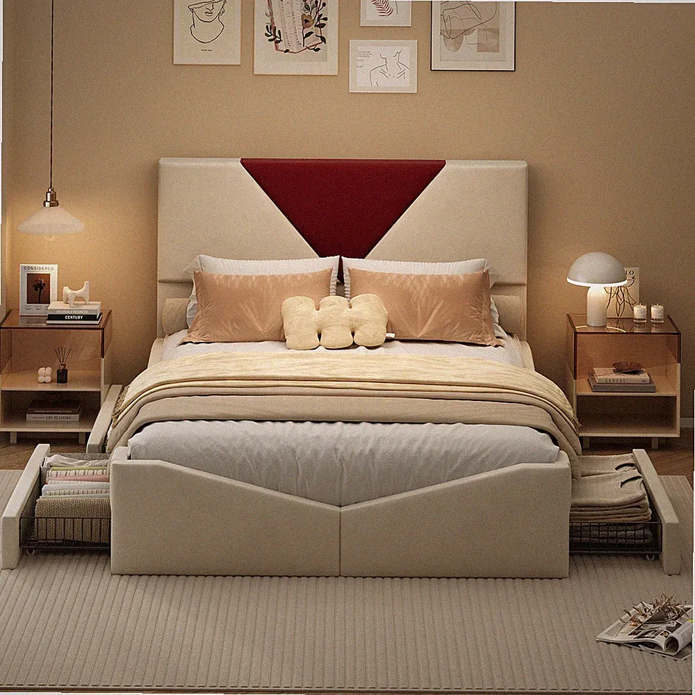 Bett 140x200 mit Lattenrost und Stauraum, Doppelbett mit Aufbewahrungsschubladen