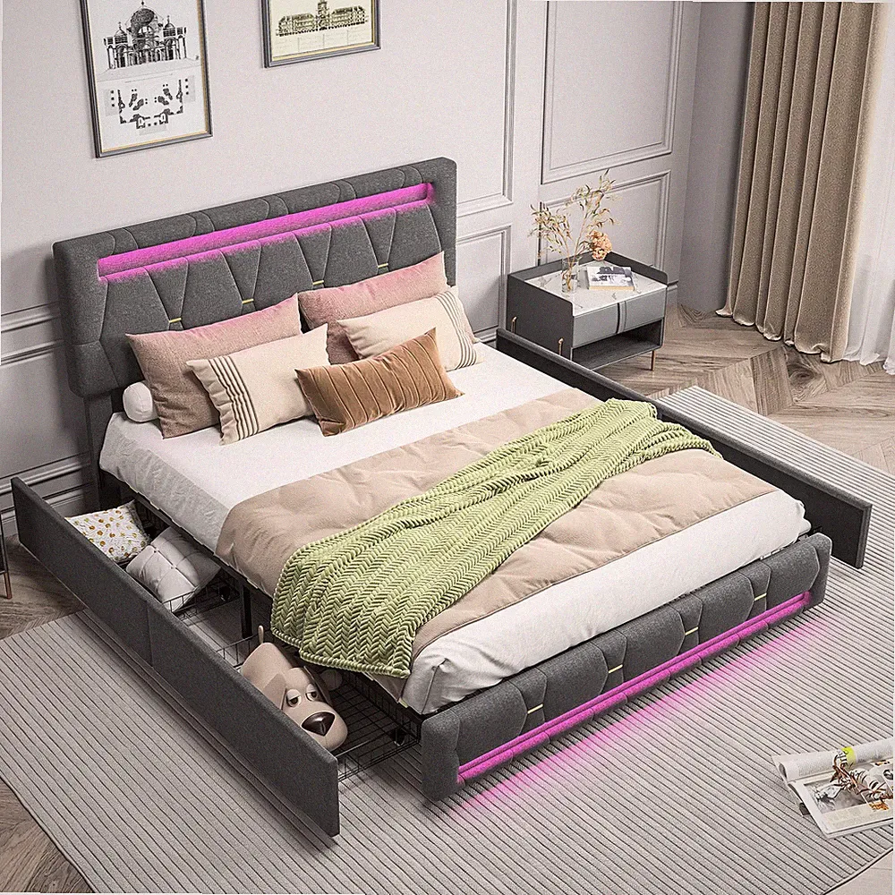 Bett 140x200, Polsterbett Doppelbett mit 4 Stauraum Schubladen und Lattenrostl