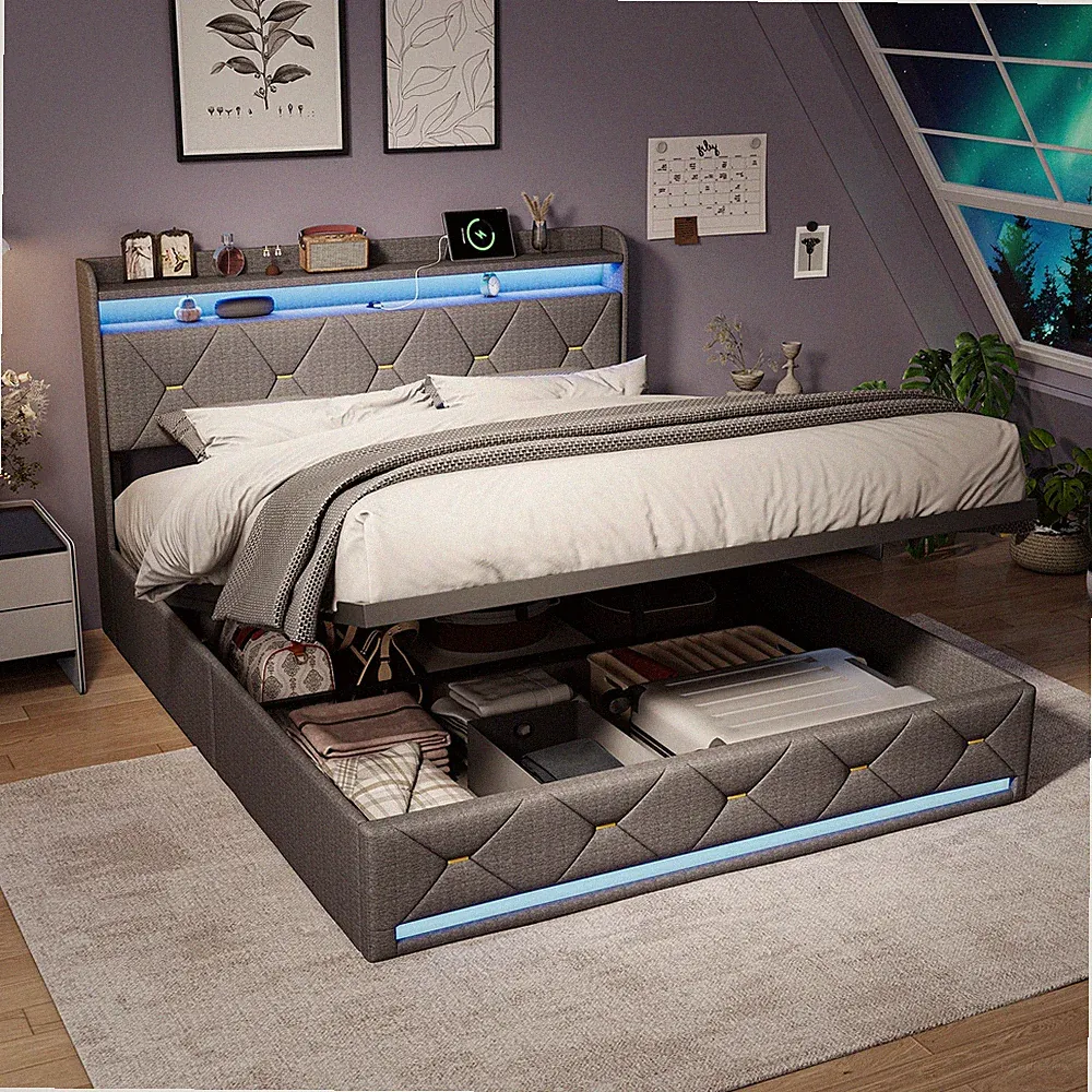 Bett 140x200cm Polsterbett Doppelbett mit Hydraulisch Bettkasten LED Lattenrost