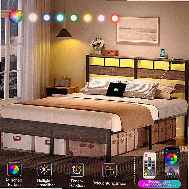 Bett 160 x 200 mit Lattenrost Bettgestell Kopfteil LED-Beleuchtung Bettrahmen