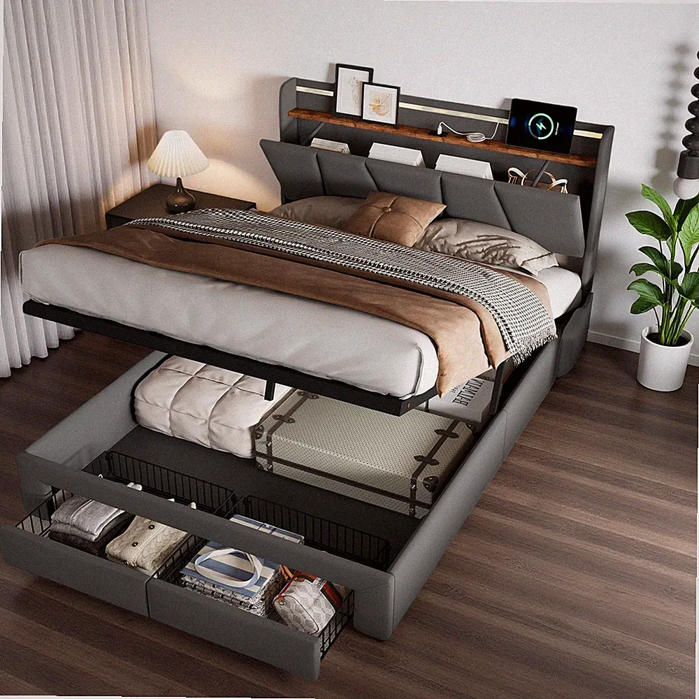 Bett 160x200, Polsterbett Doppelbett mit LED-Beleuchtung, 2 Schubladen