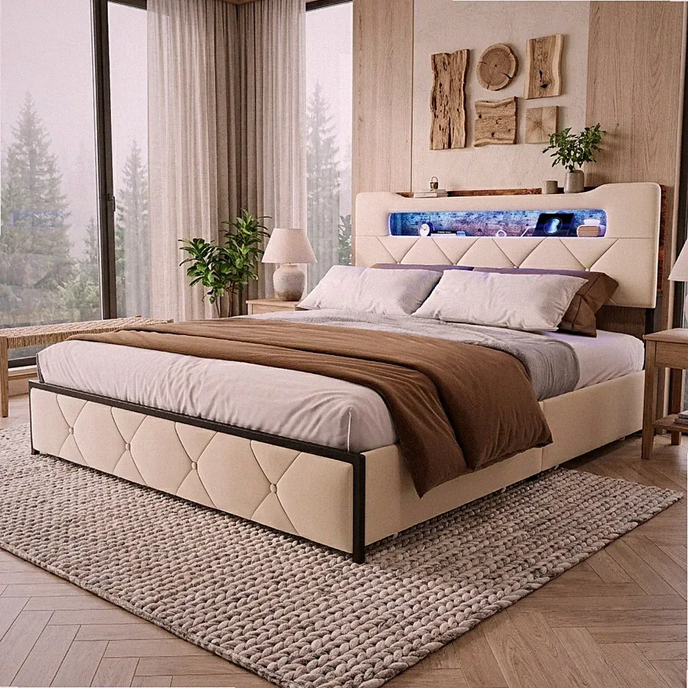 Bett 160x200cm Doppelbett Polsterbett mit LED&USB, Stauraumbett mit 4 Schubladen