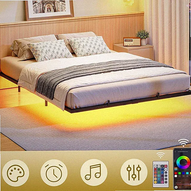 Bett 180 x 200 cm Gästebett mit LED Beleuchtung und Ladestation Bettgestell