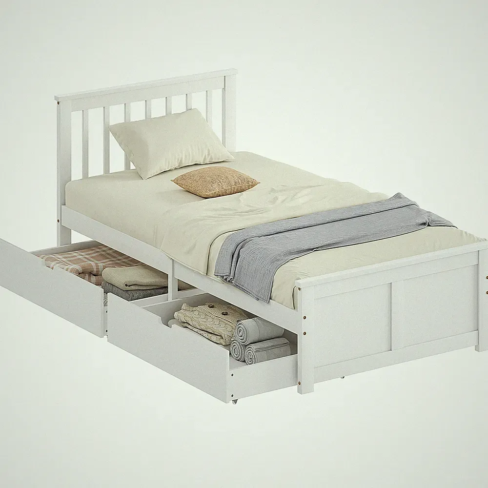 Bett 90 x 200 cm Bettrahmen mit Lattenrost aus Holz, Schublade, Kopfteil, Weiß