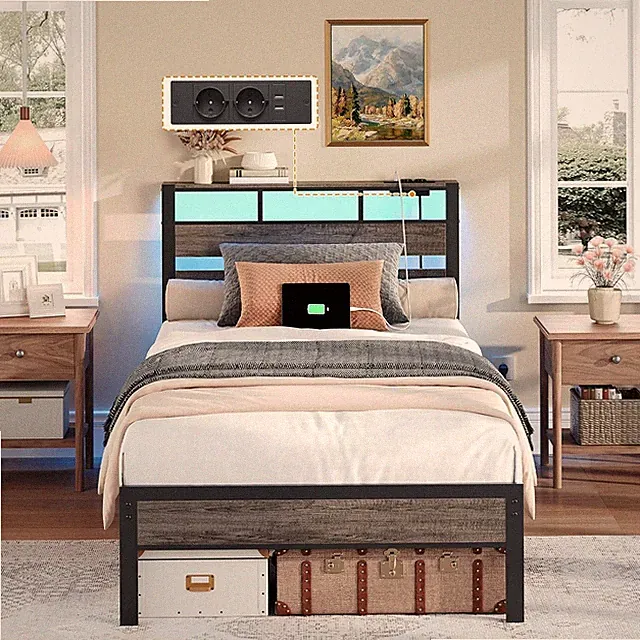 Bett 90 x 200 mit Lattenrost Bettgestell mit Kopfteil LED-Beleuchtung Bettrahmen