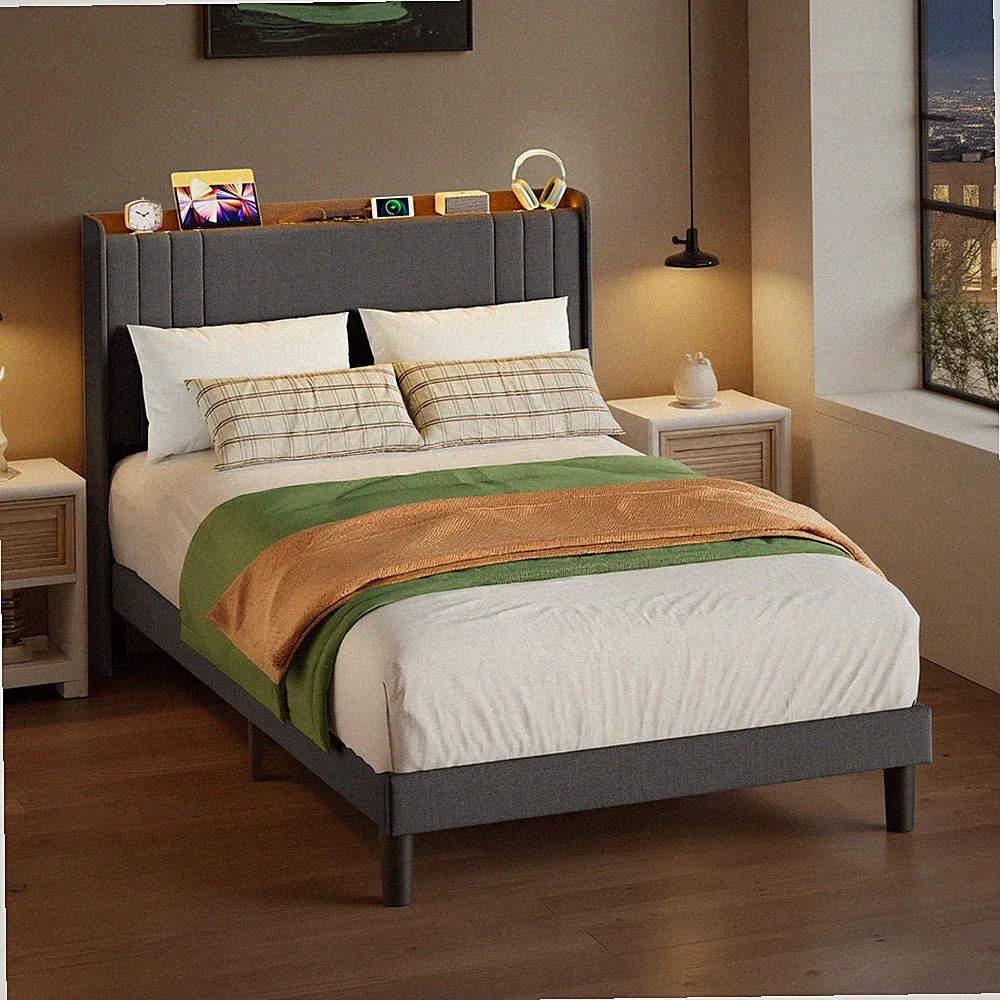 Bett 90x200 cm Bettgestell mit USB,Massivholzbett mit LED-Beleuchtung,Donkelgrau