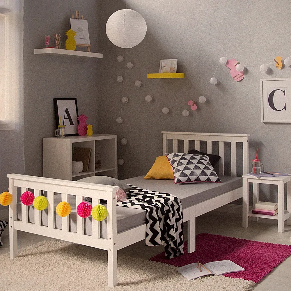 Bett 90x200 cm Kiefer massiv weiß mit Lattenrost – Kinderbett Jugendbett Holz