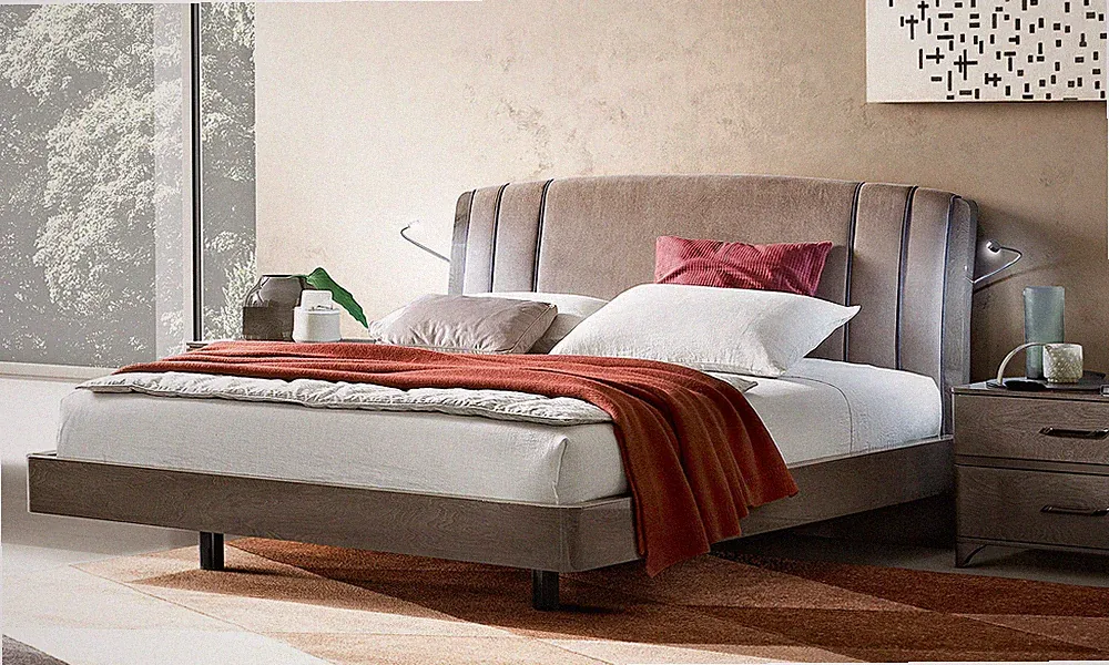 Bett Futonbett Silber Birke Hochglanz Kopfteil Kunstleder Polsterung Modern