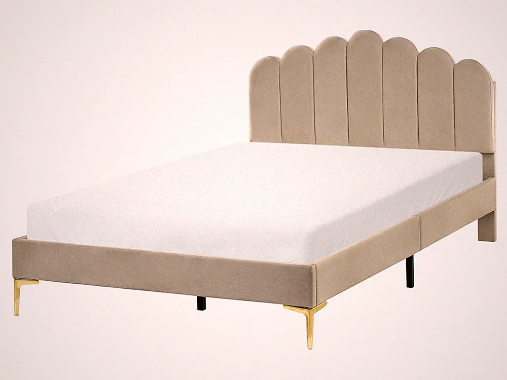 Bett gepolstert Samt beige taupe mit Lattenrost 120x200 cm Muschel Kopfteil