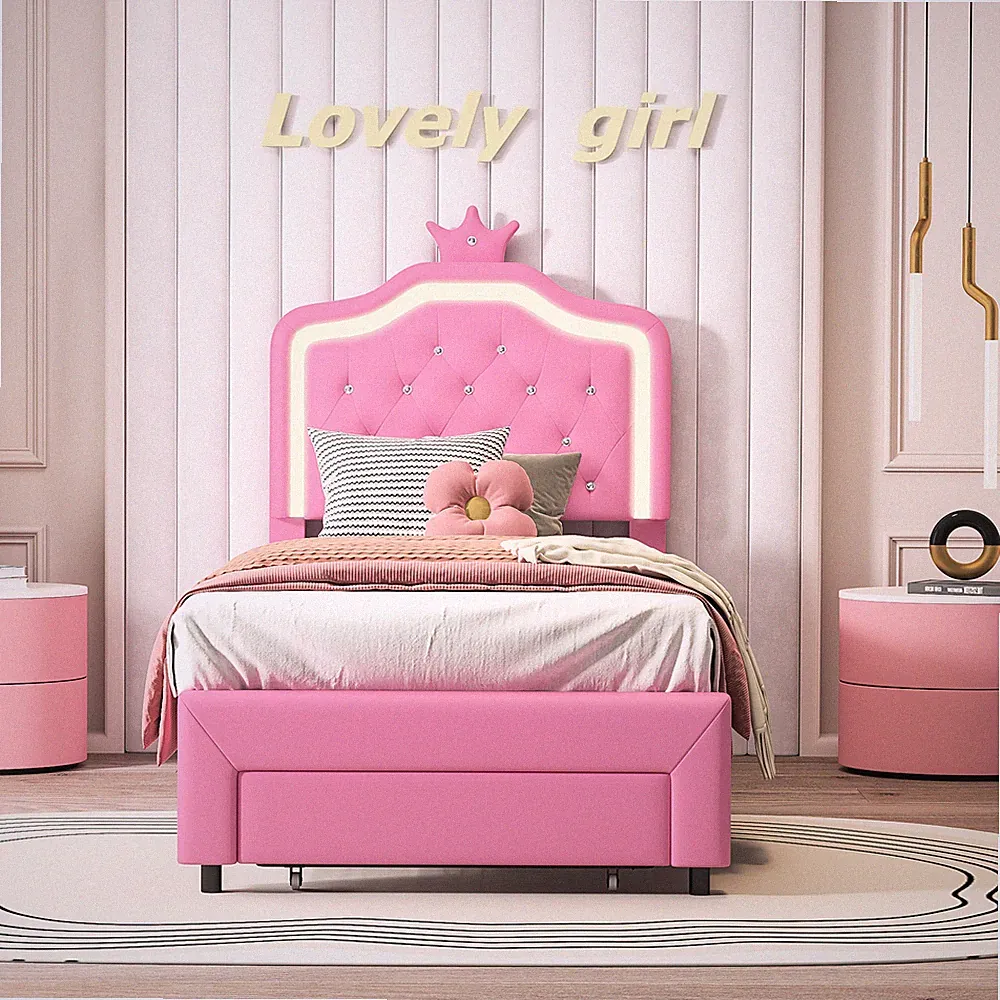 Bett Kinderbett Polsterbett 90x200cm,Mädchenbett mit LED und 1 Schubladen,Rosa
