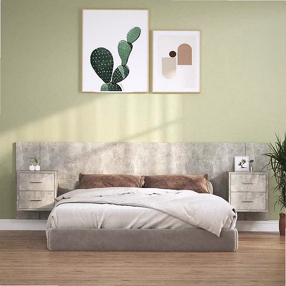 Bett Kopfteil mit Schränken Betongrau Ingenieurholz 160x1,5x80cm Wandhalterung