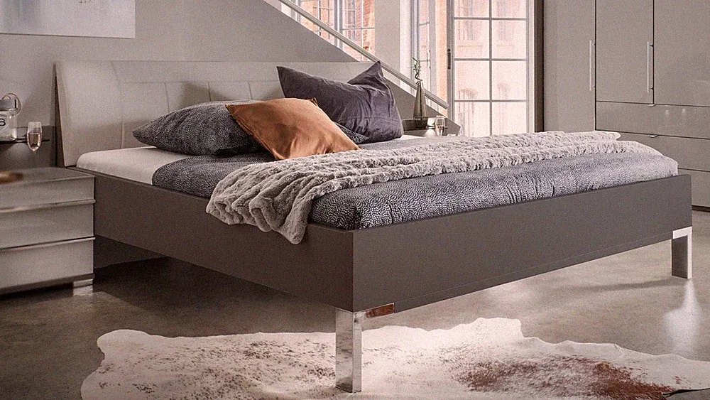 Bett Loft Futonbett Bettgestell Schlafzimmer in grau mit Polsterkopfteil 180x200