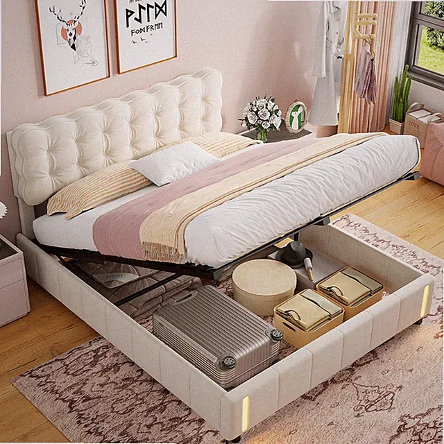 Bett mit Bettkasten, 140 x 190 cm mit LED, gepolstertes Bett mit Stauraum