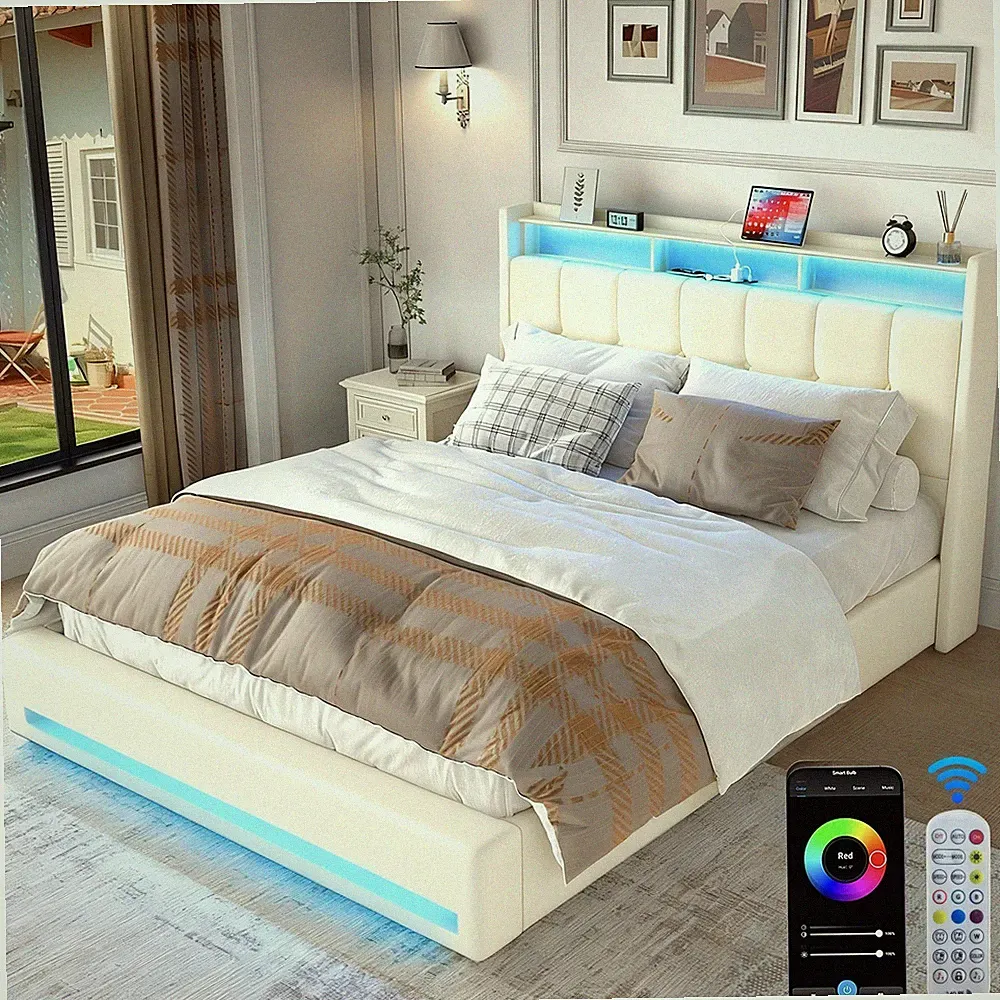 Bett mit Polsterbezug,Stauraum,USB-Anschluss und LED-Beleuchtung Bettgestelle