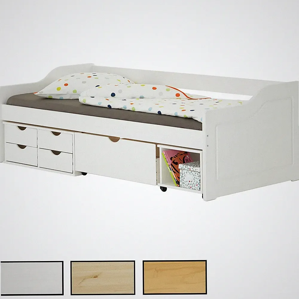 Bett mit Stauraum, Kiefer massiv, Kinderbett Jugendbett 90x200 Farbauswahl