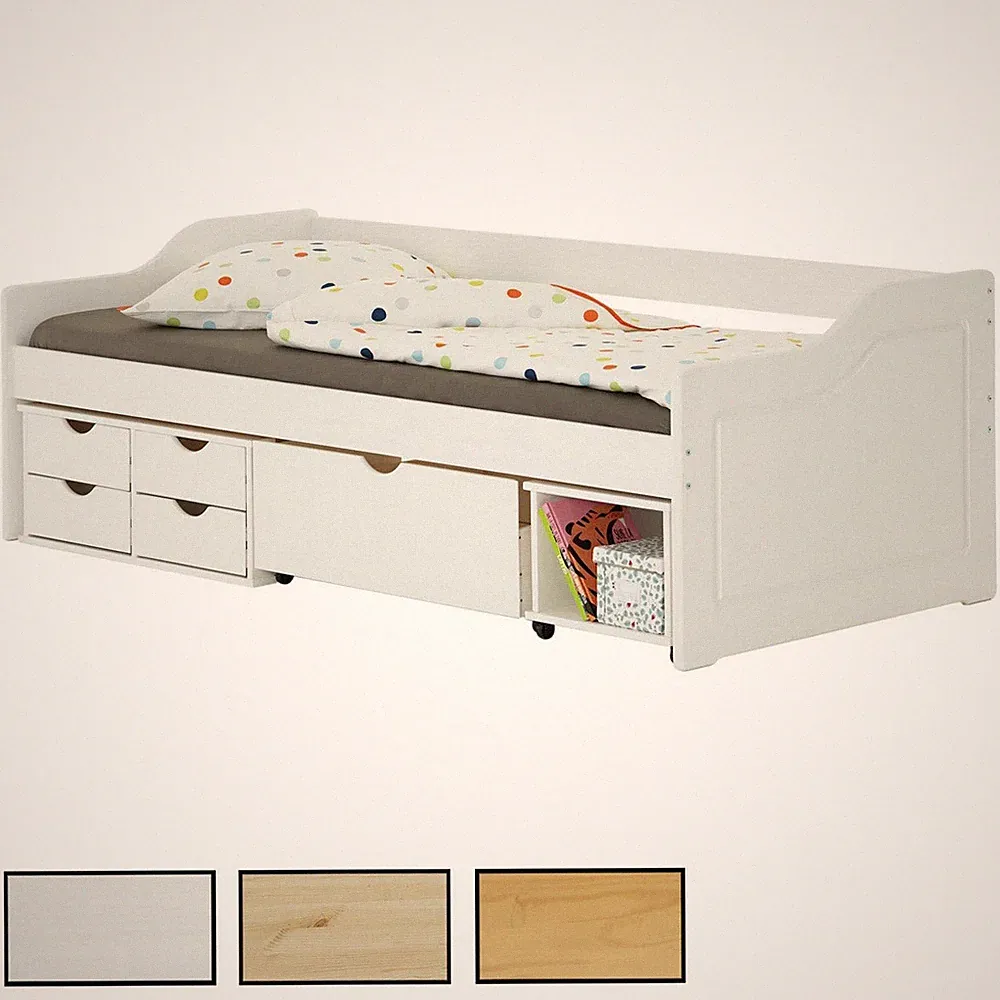 Bett mit Stauraum, Kiefer massiv, Kinderbett Jugendbett 90x200 Farbauswahl