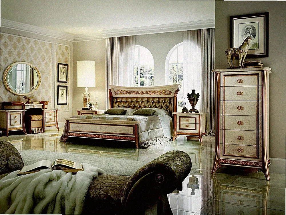 Bett + Nachttisch royal Schlafzimmer Polsterbett Barock Rokoko Designer Möbel