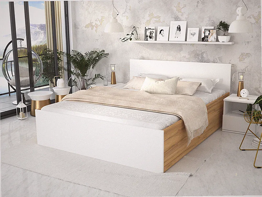 Bett Panama 140x200 cm mit Matratze Lattenrost weiß Eiche Bettkasten