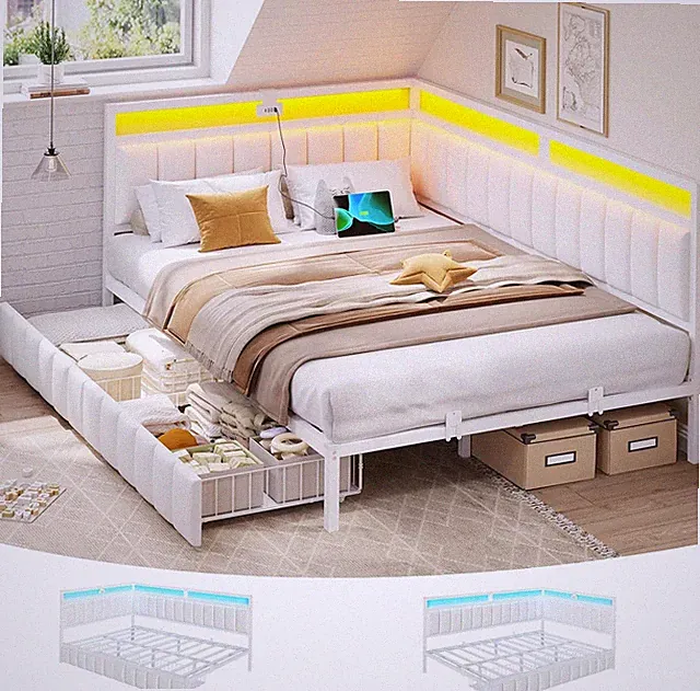 Bett, Polsterbett Tagesbett 140x200 weiß, LED, USB Lattenrost 2 Schubladen