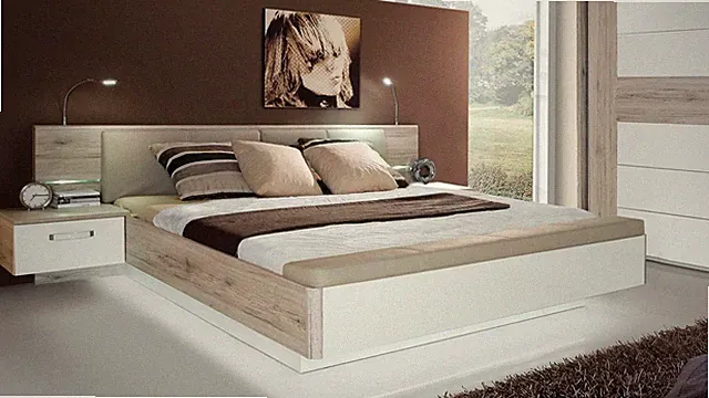 Bettanlage Rondino Futonbett in Sandeiche und weiß Hochglanz mit LED 180x200 cm
