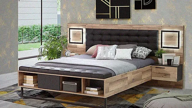 Bettanlage Sirius Crown Stabeiche 180x200 cm Bett mit Nachtkommoden inkl. LED