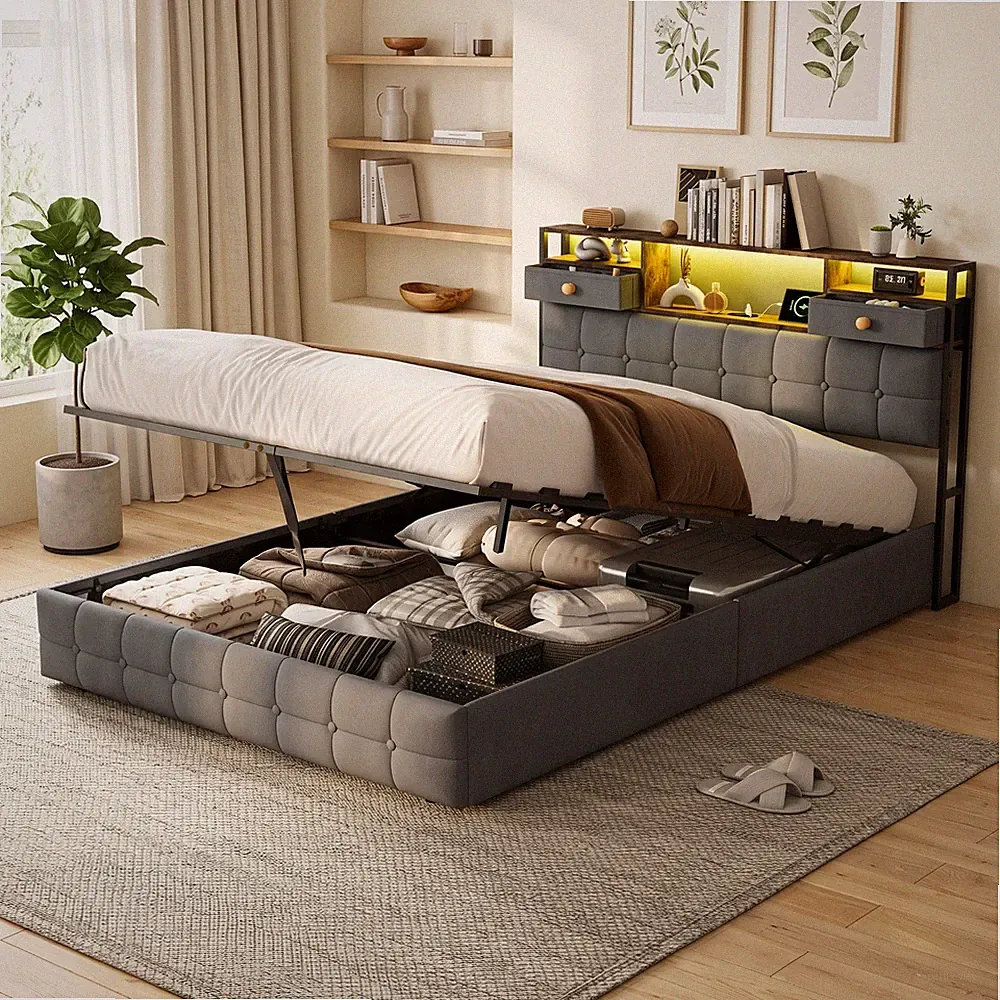 Bettgestell 140/160x200 cm Polsterbett Doppelbett Mit Gepolstertem Kopfteil LED