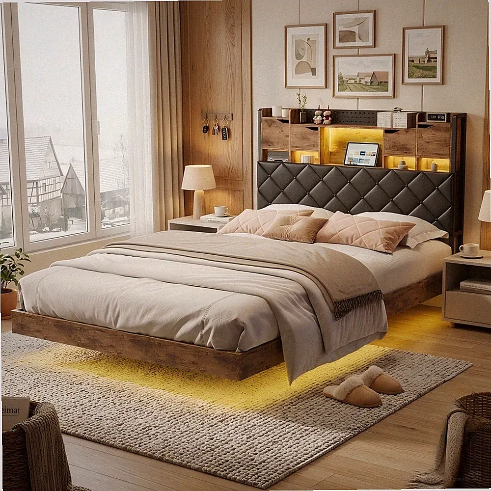 Bettgestell 140/160x200cm Doppelbett mit Lattenrost, Schwebebett Gestell mit LED