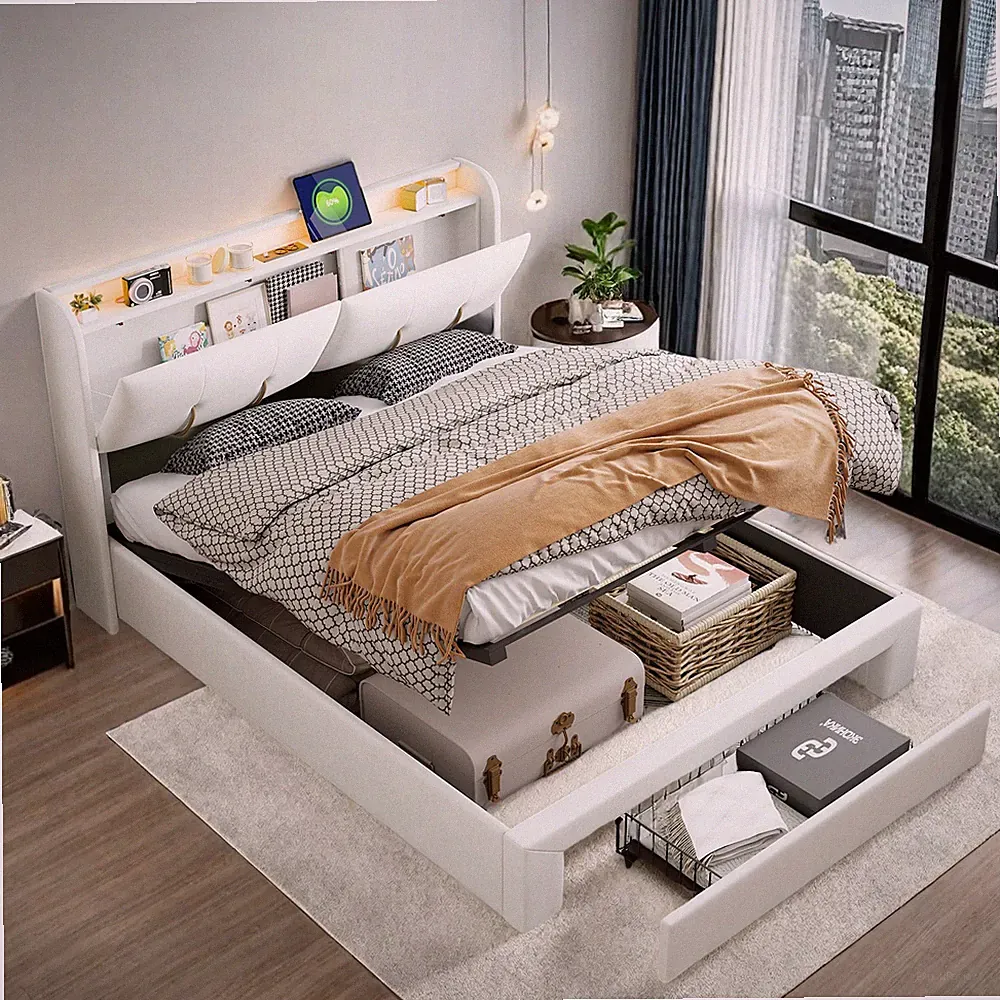 Bettgestell 140x200 cm mit Lattenrost Stauraum LED USB Polsterbett Boxspringbett
