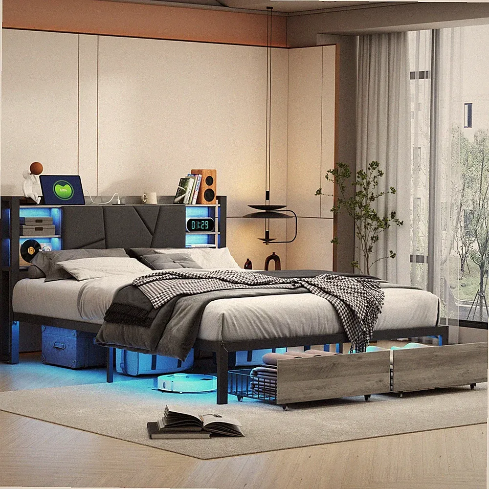 Bettgestell 140x200 cm mit LED USB Kopfteil Ablage 2 Schubladen Schwarz